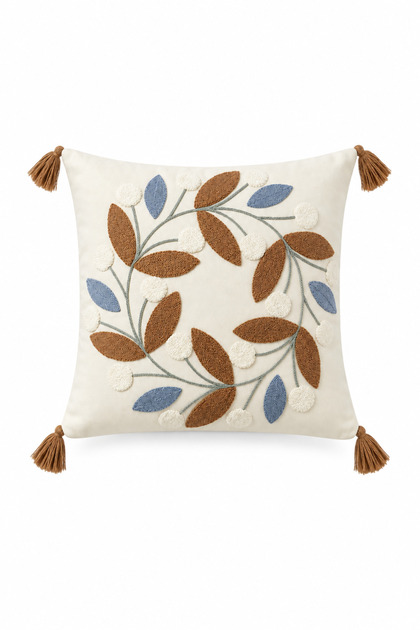 100% Cotton Piece Buldan Handmade Flower and Leaf Wreath D Patterned Embroidered P Tasseled K Cushion Cover 42X42 cm