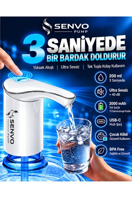 Senvo Pump Damacana Su Pompası – Hızlı Dolum, Ultra Sessiz, Tek Şarjla 15 Damacanaya Kadar