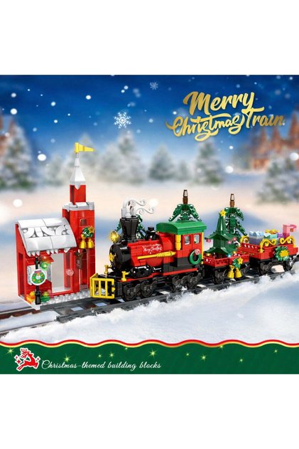 Set Constructie Piese Tip Blocuri Construit Santa Train, Tren pe Sine, Gara, Cadou Craciun 787 Piese