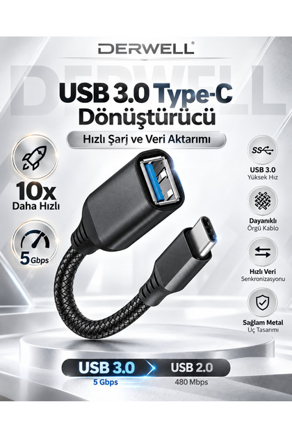 Yüksek Hızlı Veri Aktarma Usb 3.0 Otg To Type-C Data Şarj Çevirici Dönüştürücü Hasır Kablo Siyah