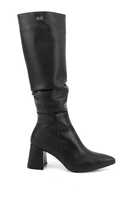 Women's Black Zippered Thick Heeled Boots