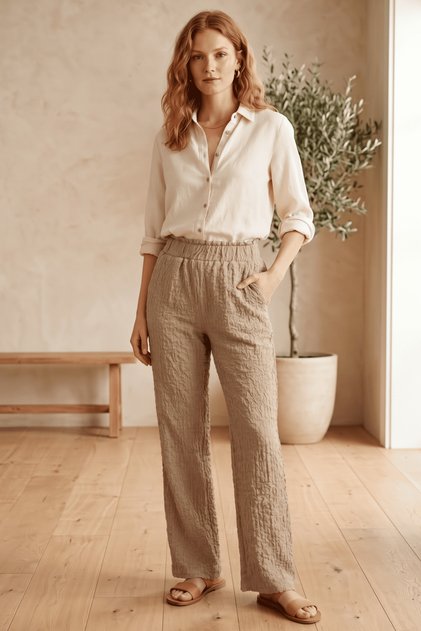 Beige Elastic Waist Pocketed Bubble Textured Relaxed Cut Palazzo Trousers