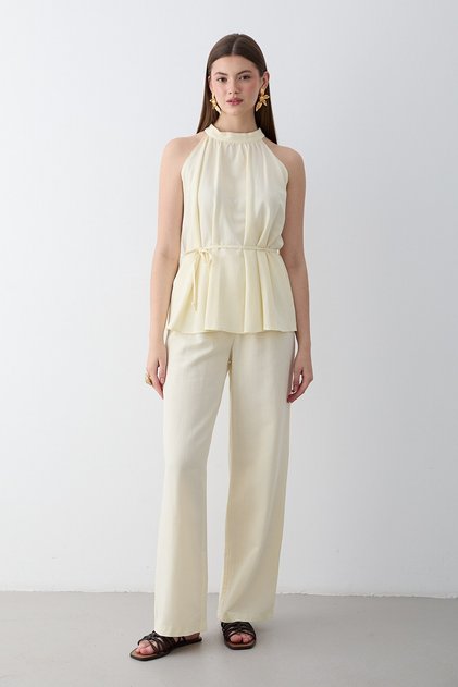 Women's Yellow Halter Neck Belted Detailed Blouse and Pants Set