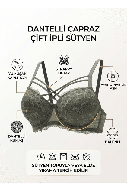 Silikonlu Desteksiz Dantelli Çapraz Çift İpli Sütyen