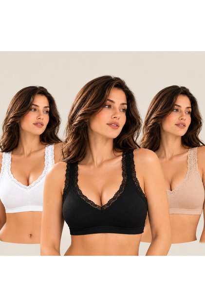Sutien din bumbac pentru femei, din 3 piese, cu dantelă, căptușit cu efect modelator jumătăți de sutien, cu bretele groase