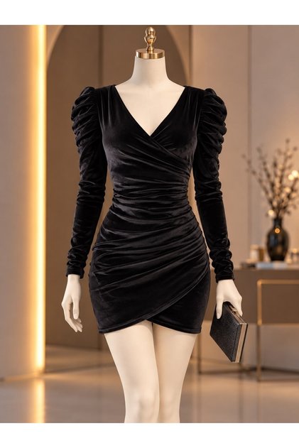 Rochie de seară din catifea cu mâneci prințesă cu guler dublu 581998 NEGRU