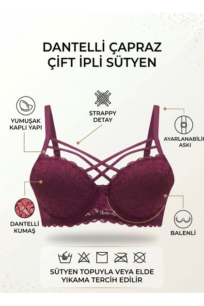 Silikonlu Desteksiz Dantelli Çapraz Çift İpli Sütyen