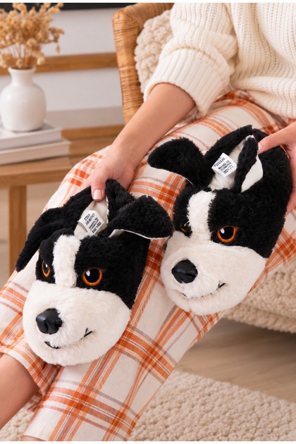 Köpek Figürlü Siyah Peluş Panduf Ev Pandufu Unisex