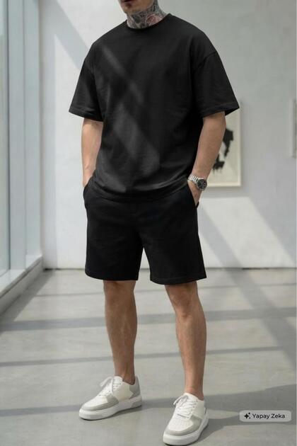 Men's Black Oversize Tshirt Black Shorts Set