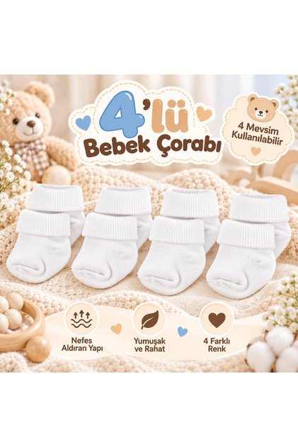 4-Piece Bamboo Baby Socks, Newborn Baby Socks, Girls Boys, White Pink Ecru