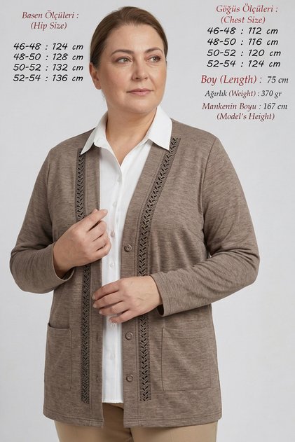 Women's Plus Size Stone Embellished Seasonal Mother Mink Cardigan - 75 cm Wide Four-Button Double Pocket Classic Flowy Tok Fabric Short Cardigan