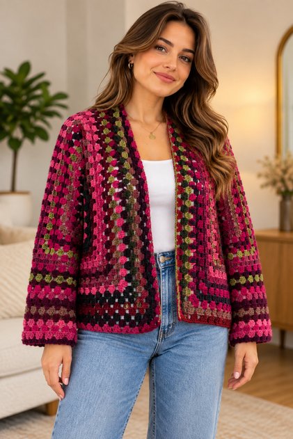 Hand Knitted Hexagonal Motif Bohemian Cardigan – Vintage Granny Square Women's Cardigan Size XL