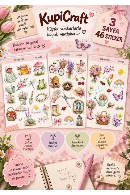 3 Sayfa Sticker Seti Spring - İlk Bahar Temalı Sticker Seti Ajanda - Scrapbook - Journal - Planner