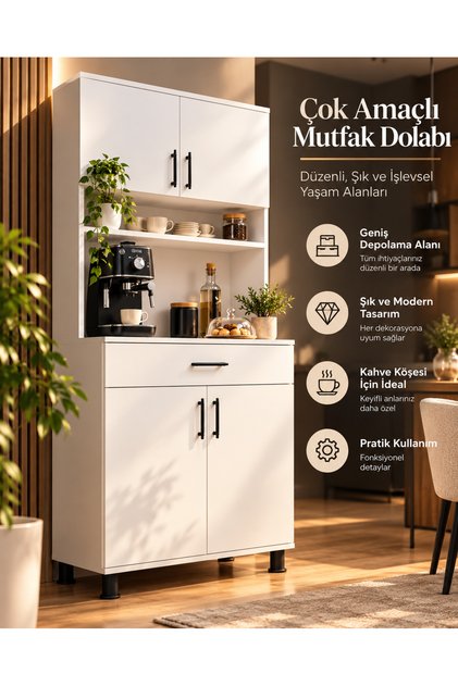 Esl0173 Kahve Köşesi Çok Amaçlı Dolap 4 Kapaklı 1 Çekmeceli Kiler Mutfak Dolabı Beyaz