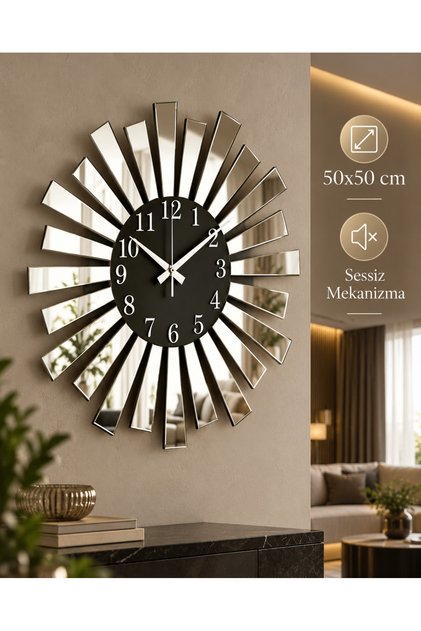 Siyah Gümüş Aynalı Pleksi Piyano Model Sayılı Ev Yılbaşı Hediyelik Duvar Saati