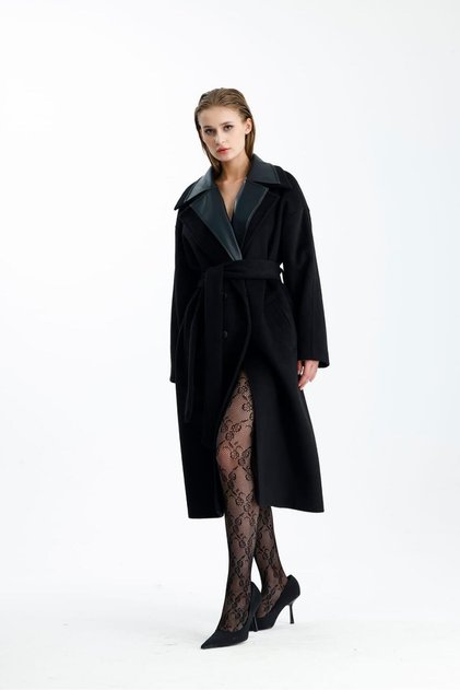 Sapphira Kaşe Black Leather Collared Long Coat