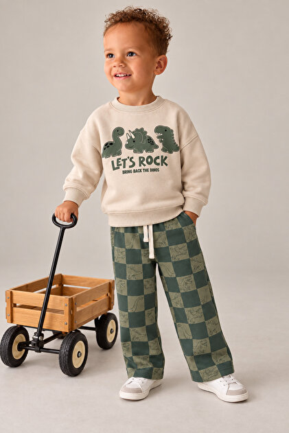 Girls / Boys Dinosaur Printed Sweatshirt and Patterned Sweatpants Set Three Thread Diagonal
