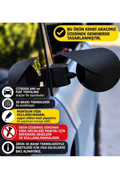 Citroen Ami & Fiat Topolino Uyumlu Yarasa Tasarım Ayna Kapağı Seti (Sağ + Sol) - Siyah - 3D Baskı