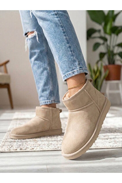 Women's Ultra Mini Beige Wool and Fur Boots