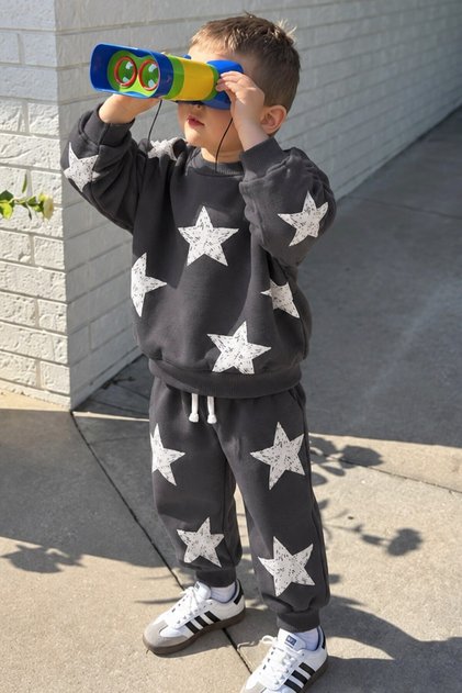 Boy's Cotton Gray Star Printed Tracksuit Bottom and Top Set