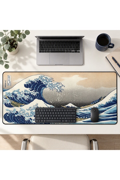 Gaming Mouse Pad with Japanese Wave Design, XXL Size 800 x 300 mm
