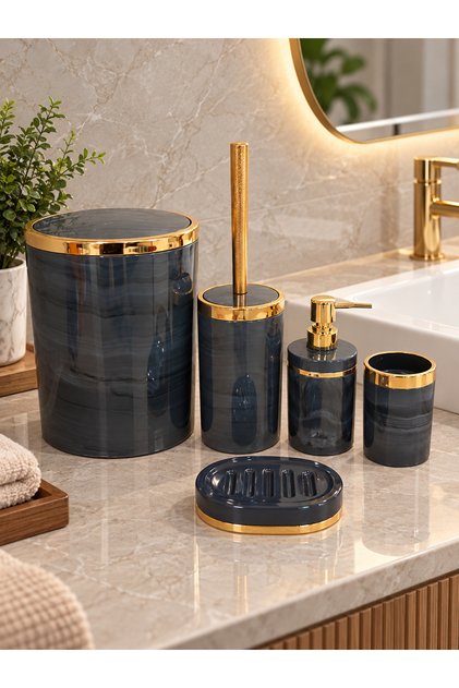 5 Parça Mermer Desen Banyo Seti / Wc Fırçalık, Sıvı - Katı Sabunluk, Çöp Kovası, Diş Fırçalık