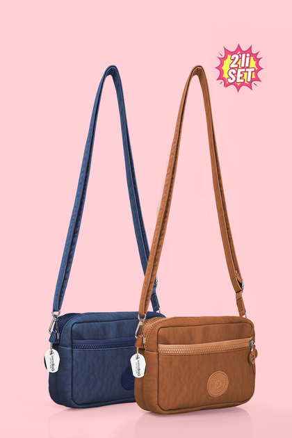 Women's Crossbody Three-Compartment Zippered Crinkle Casual Shoulder Bag Brown and Navy Blue Set of 2