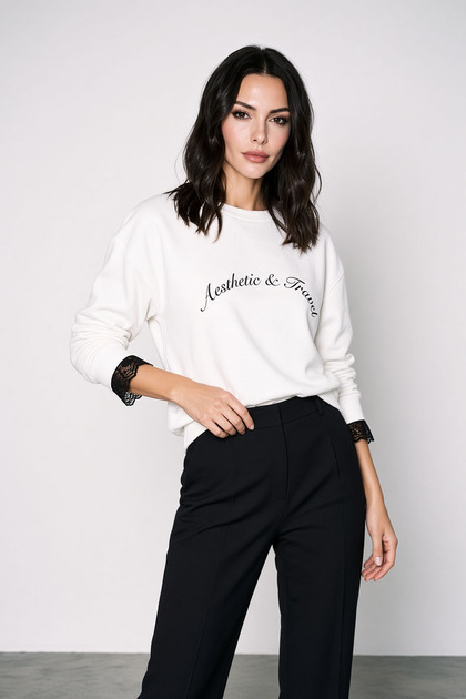 Ecru Text and Lace Oversized Women's Sweatshirt