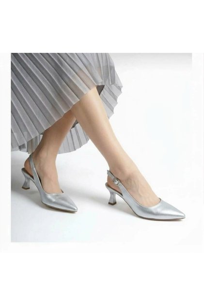 Women's High-Heeled Pointed Ankle Strap Silver Matte Color