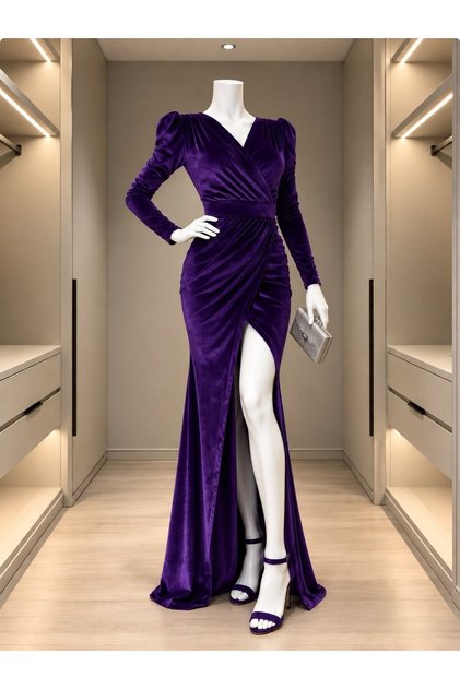 Rochie de seară din catifea, cu decolteu dublu, cu fante, lungă, cu umăr căptușit, cu mânecă lungă 581934 PURPLE