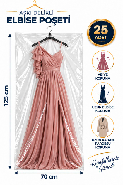 70x125 cm Askı Delikli Şeffaf Uzun Elbise Kılıfı 25 Adet – Abiye ve Pardösü Koruma Poşeti