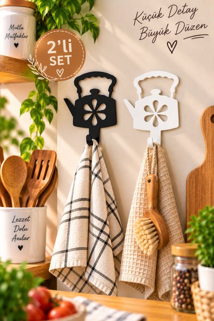 2 Pieces | | One Is Black, One Is White. Concept Hanger Teapot 7 Cm. Decorative Metal Hanger. Teapot with Figure. Single Flower-Shaped. Screw+Dowel.