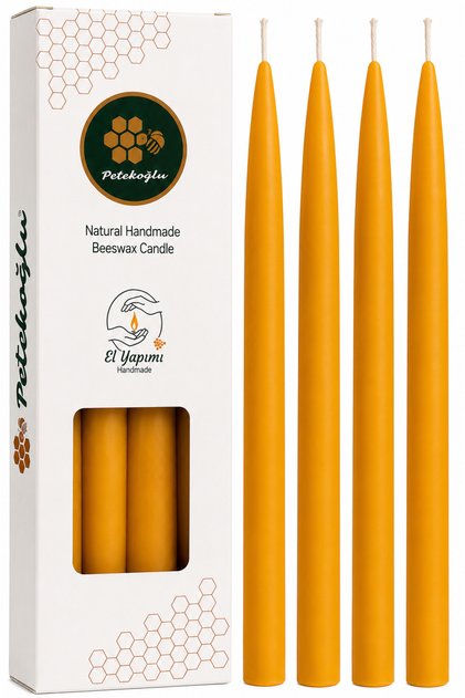 Doğal Sarı Balmumu Mum 4'lü Konik Şamdan Mumu 25 cm Damlamayan İs Yapmayan Yılbaşı Taper Mum