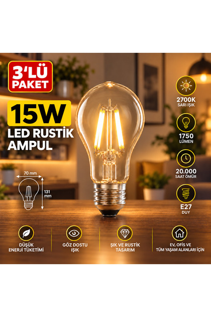 3 Adet 15W Rustik Led Ampul Sarı Işık 1750 Lümen E27 Duylu Dekoratif Ampul Flamanlı