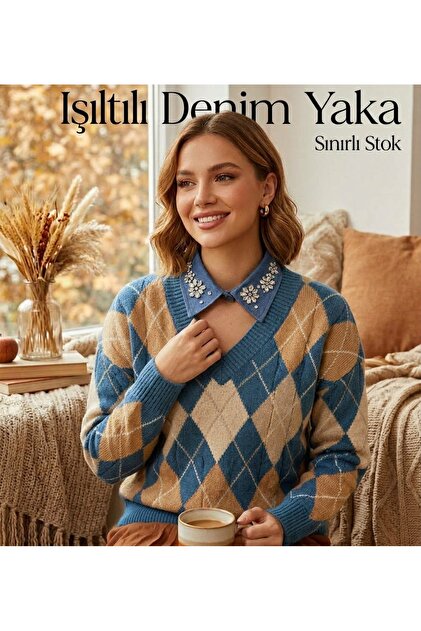 Gömlek yaka mavi denim taş tasarım peterpan model
