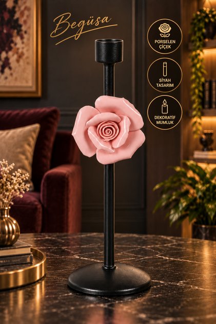 Baron Mumluk Siyah Porselen Çiçekli No:03, Dekoratif Mumluk, Porselen Mumluk, Masa Üstü Mumluk, Dekoratif Obje, Sehpa ve Konsol Dekorasyonu