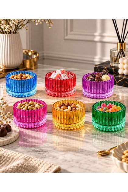 6 lı Renkli Mini Yuvarlak Sunumluk - Lokumluk ( 95 ml )