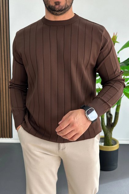 Men's Crew Neck Striped Seasonal Sweater Brown Edw514