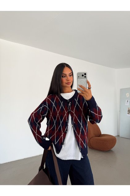 Crew Neck Argyle Patterned Cardigan - Navy Blue