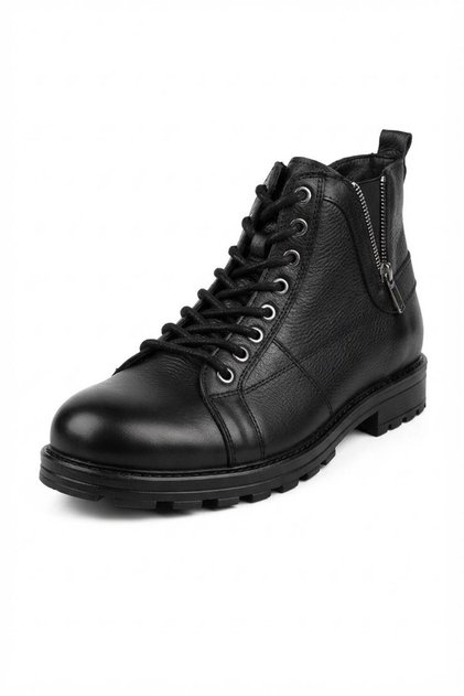 Men's Black Genuine Leather Lace-Up and Zippered Casual Boots with Fur Inside 575