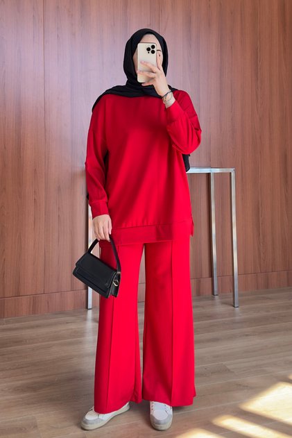 Kadın Oysh Modal Kumaş Oversize Tesettür Tunik Takım 2020 Kırmızı