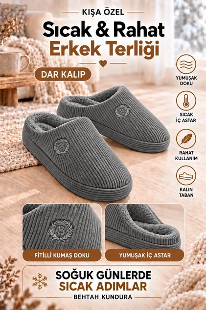 Embroidered Velvet Men's Closed Front Winter Slippers Daily Indoor Slippers Dowry Bohça