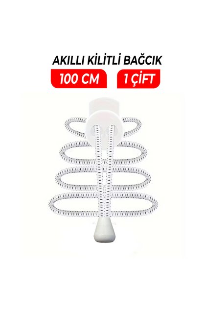 Kilitli Bağcık , Akıllı Bağcık , Elastik Ayakkabı Bağcığı , Lastik Bağcık, Esnek Spor Ayakkabı Bağcık | 1 Çift - 100 CM - Beyaz
