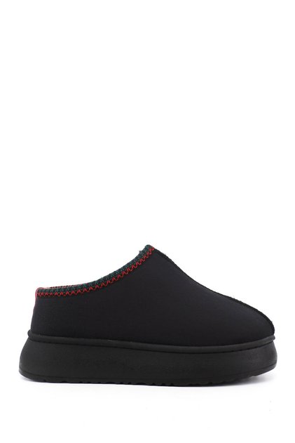 Women's Black Suede W Tazz Thick Soled Fur Slippers