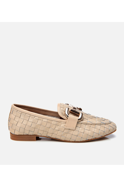 Kadın Deri Bej Örgü Detaylı Tokalı Klasik Loafer