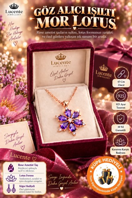 925 Ayar Aşk Şans Bolluk Bereket ve Zarafetin Simgesi Rose Gold Ametist Taşlı Lotus Kararma Karşıtı Rodyum Gümüş Özel Gün Hediyesi 45 Cm Zincirli Mor Lotus Çiçeği Küpe Hediyeli Şık Kadın Kolye