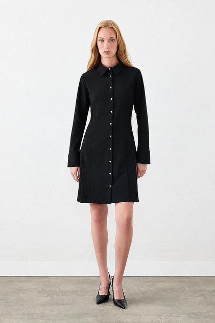 Shirt Collar Buttoned Dress - Black