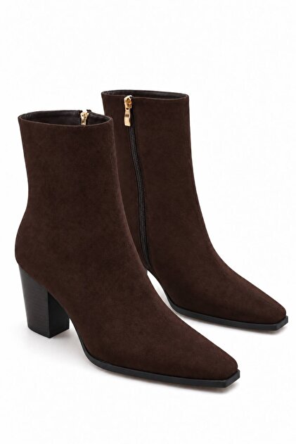 Women's Brown Suede Thick Heeled Pointed Toe Zippered Boots