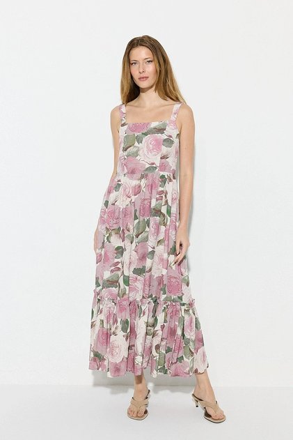 Strappy Rose Patterned Viscose Linen Dress - Pink