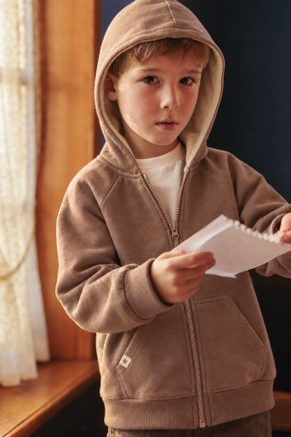 Hooded Zippered Cardigan 1-14 Years Old Mink
